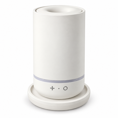 Ivory eissomisha 360° cordless essential oil diffuser on its matching charging dock, white background