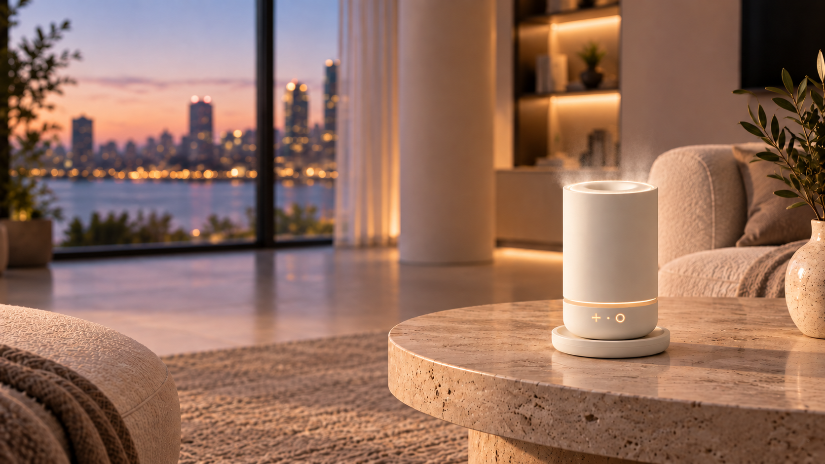 Eissomisha 360 diffuser with ring-shaped mist on its charging dock in a warm contemporary living room